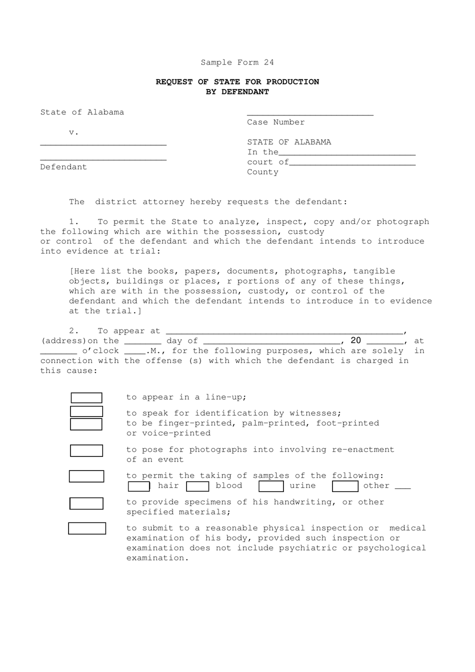Sample Form 24 Request of State for Production by Defendant - Alabama, Page 1