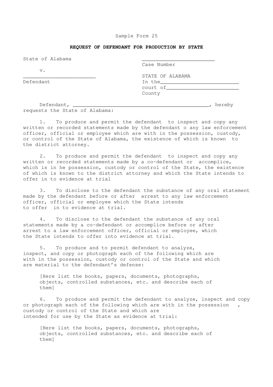 Sample Form 25 Request of Defendant for Production by State - Alabama, Page 1