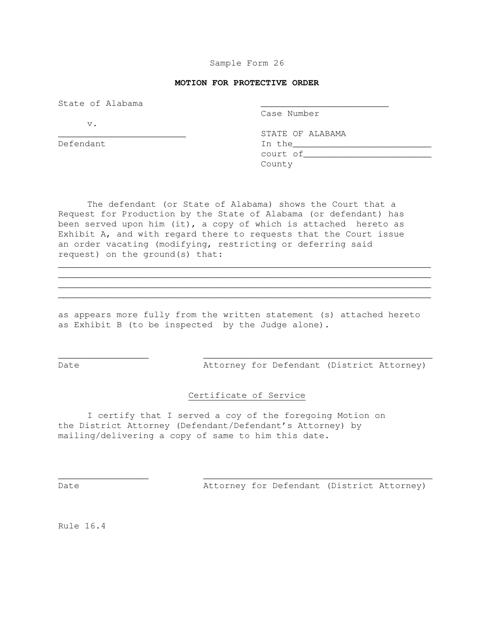 Sample Form 26 Motion for Protective Order - Alabama