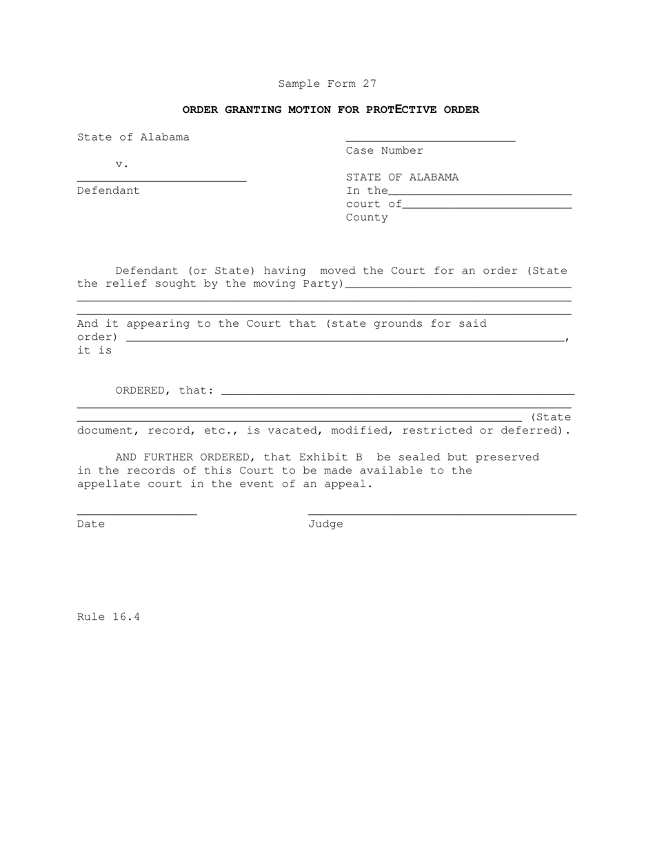 Sample Form 27 Order Granting Motion for Protective Order - Alabama, Page 1