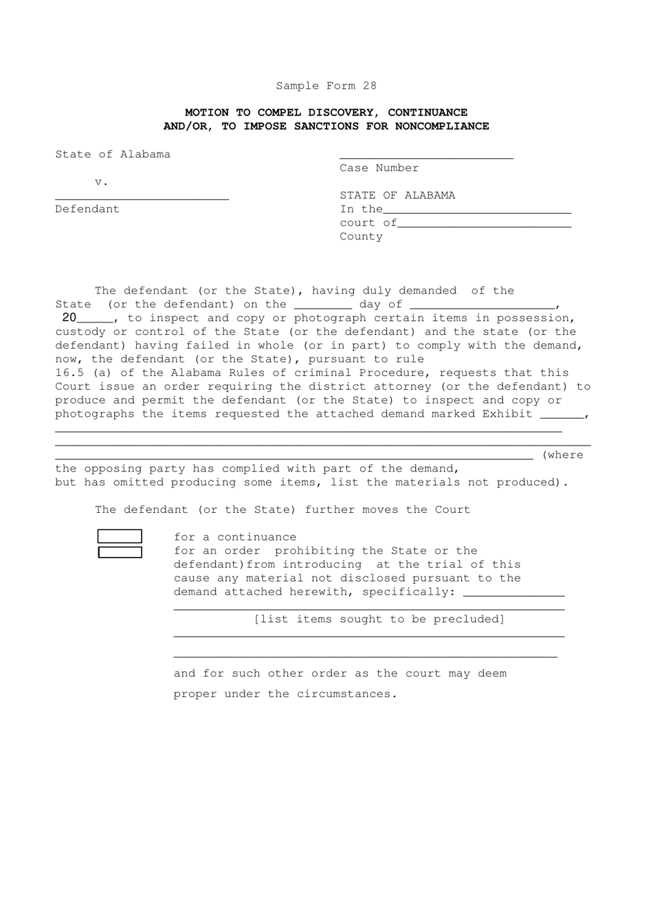 Sample Form 28 Motion to Compel Discovery, Continuance and / or, to Impose Sanctions for Noncompliance - Alabama, Page 1