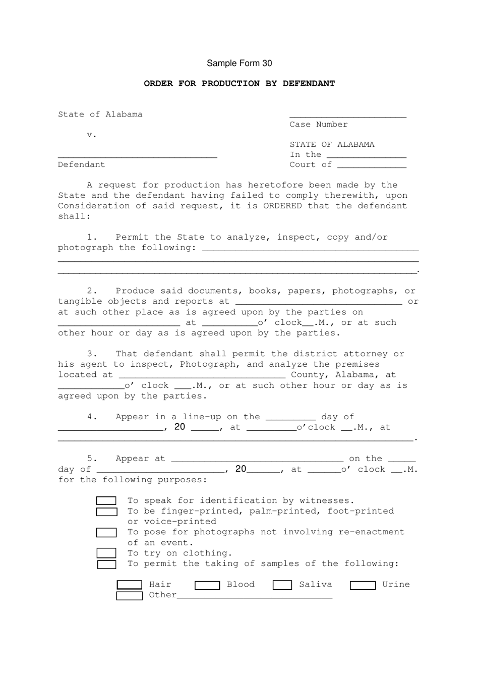 Sample Form 30 Order for Production by Defendant - Alabama, Page 1