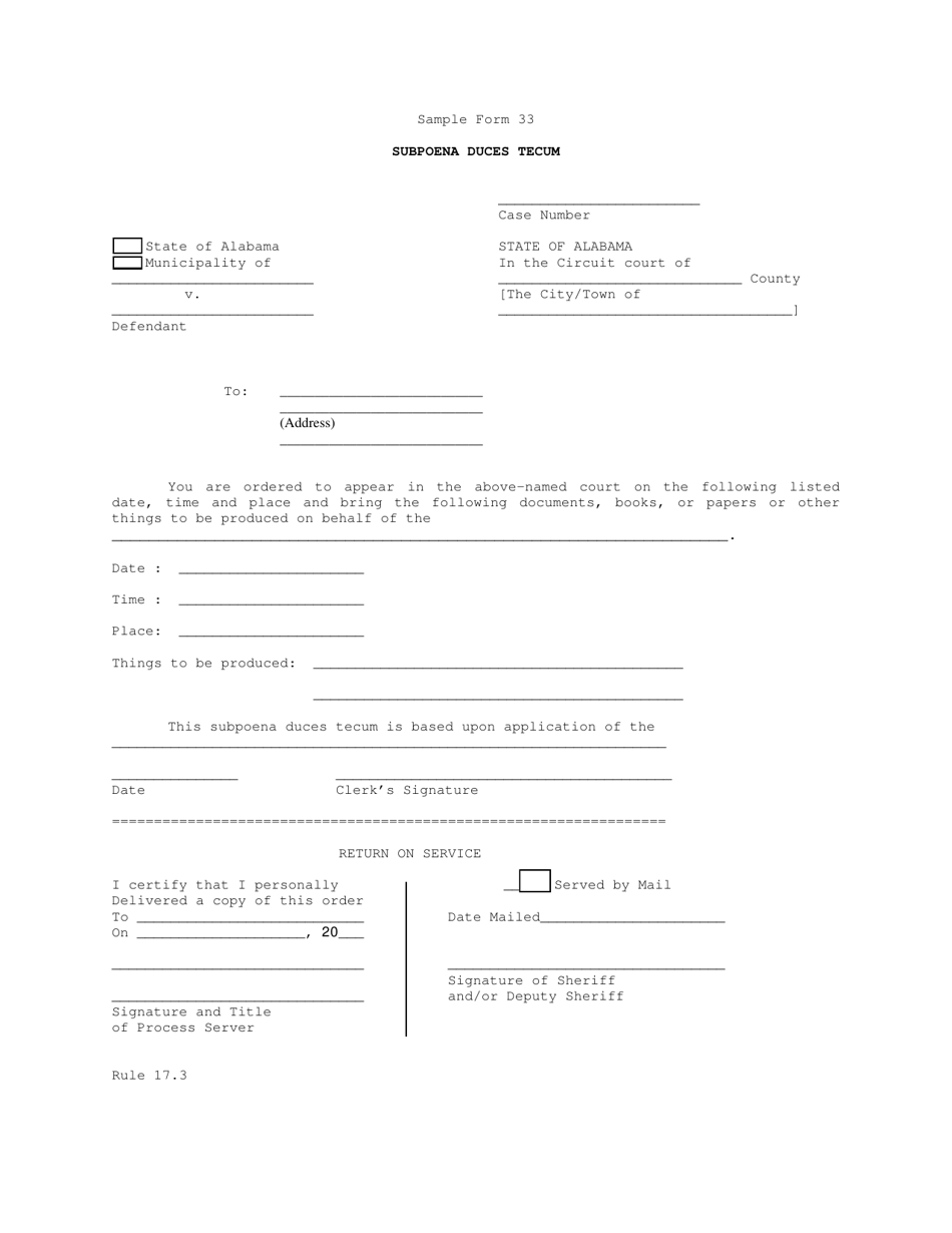 Sample Form 33 Subpoena Duces Tecum - Alabama, Page 1