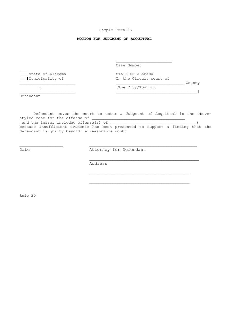 Sample Form 36 Motion for Judgment of Acquittal - Alabama, Page 1