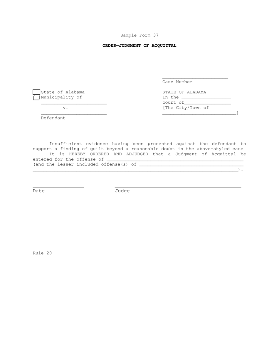 Sample Form 37 Order-Judgment of Acquittal - Alabama, Page 1