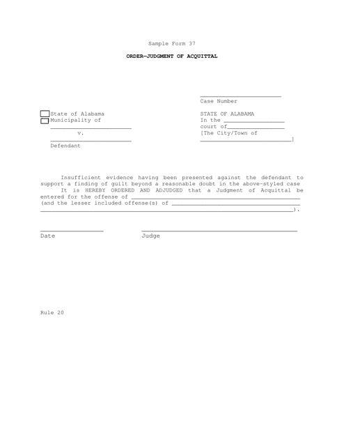 Sample Form 37 Order-Judgment of Acquittal - Alabama