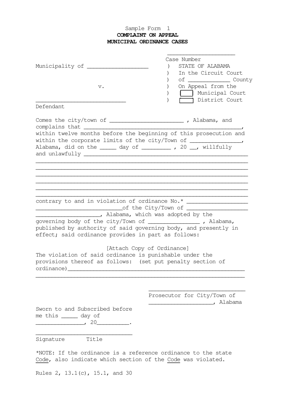 Sample Form 1 Complaint on Appeal Municipal Ordinance Cases - Alabama, Page 1