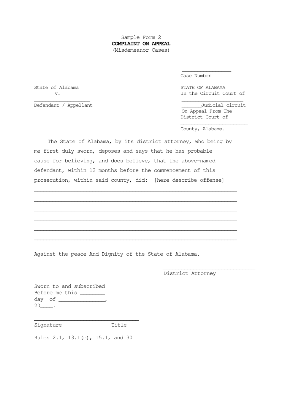 Sample Form 2 Complaint on Appeal (Misdemeanor Cases) - Alabama, Page 1