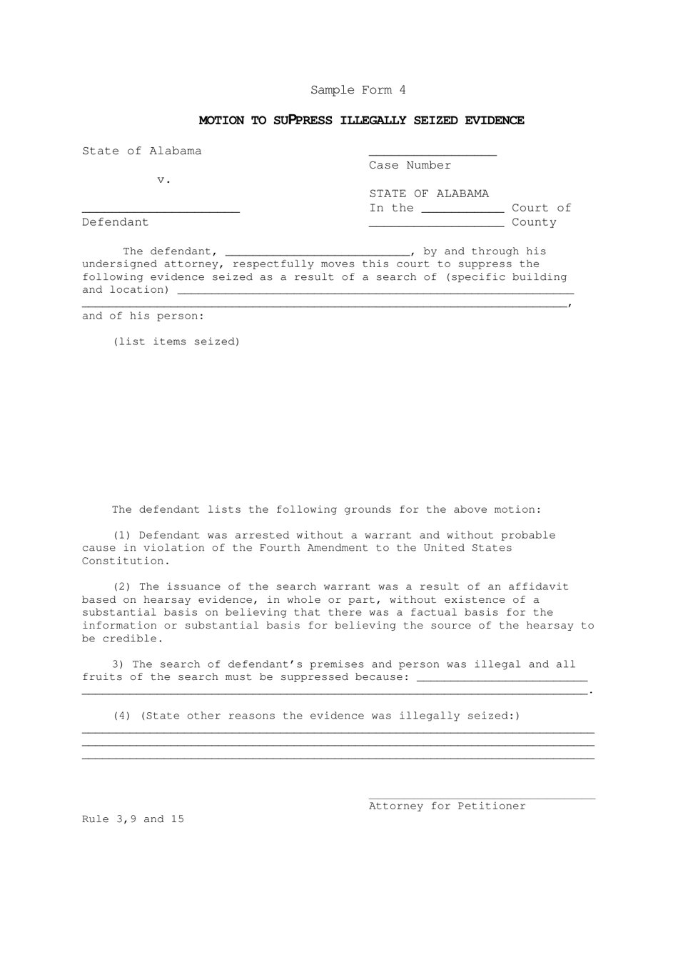 Sample Form 4 Motion to Suppress Illegally Seized Evidence - Alabama, Page 1