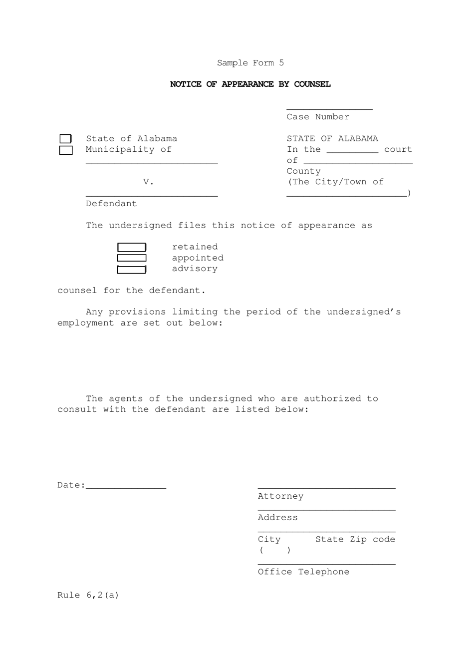 Sample Form 5 Notice of Appearance by Counsel - Alabama, Page 1