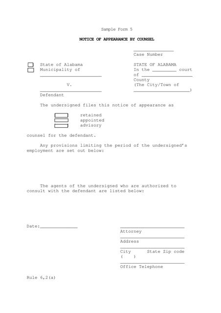 Sample Form 5 Notice of Appearance by Counsel - Alabama