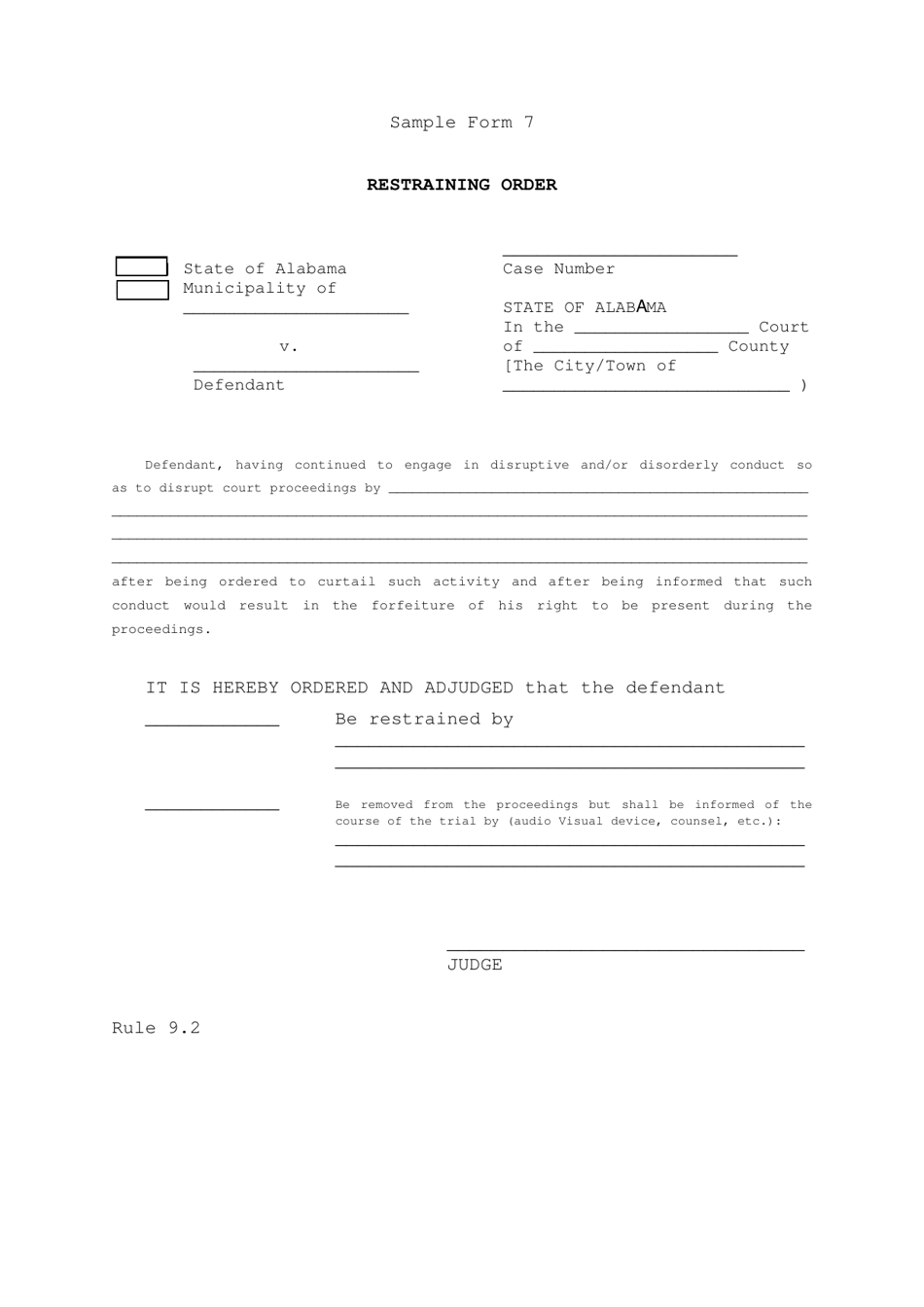 Sample Form 7 Restraining Order - Alabama, Page 1