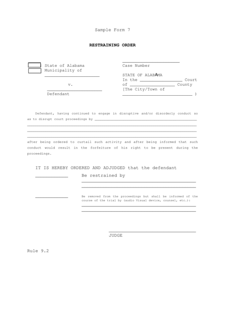 Sample Form 7 Restraining Order - Alabama