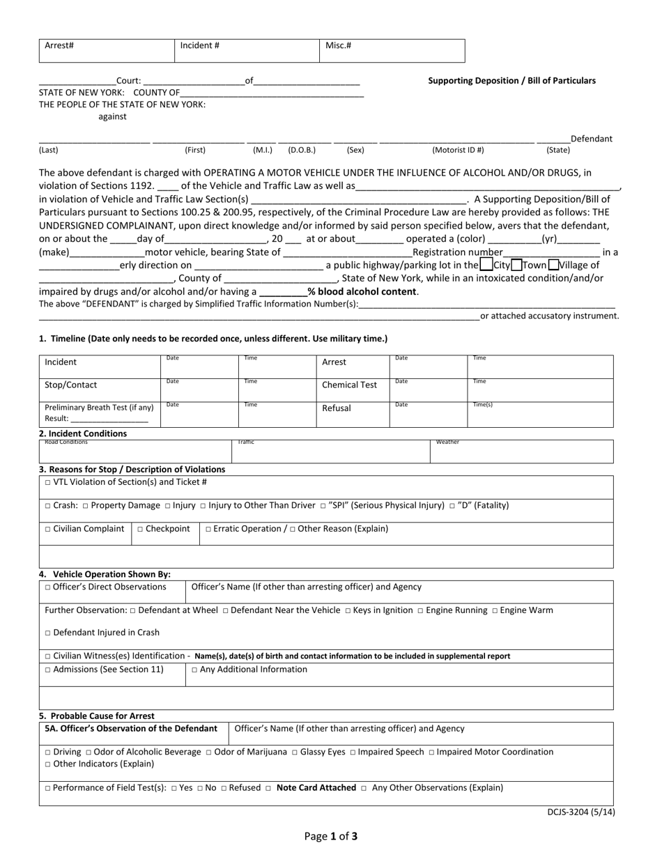 Form DCJS-3204 Supporting Deposition/Bill of Particulars - New York, Page 1