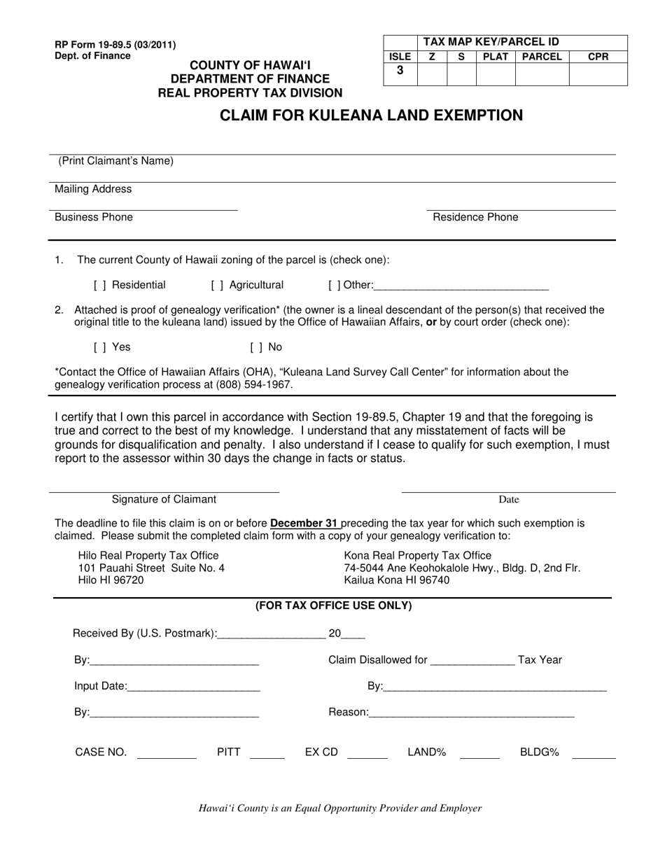 RP Form 19-89.5 Claim for Kuleana Land Exemption - Hawaii, Page 1
