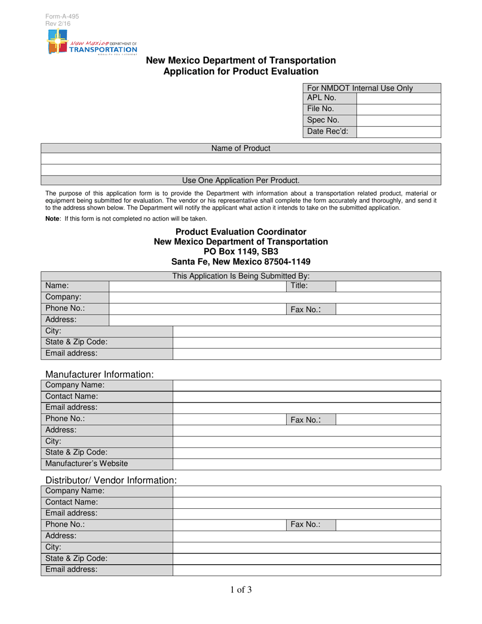 Form A-495 Application for Product Evaluation - New Mexico, Page 1