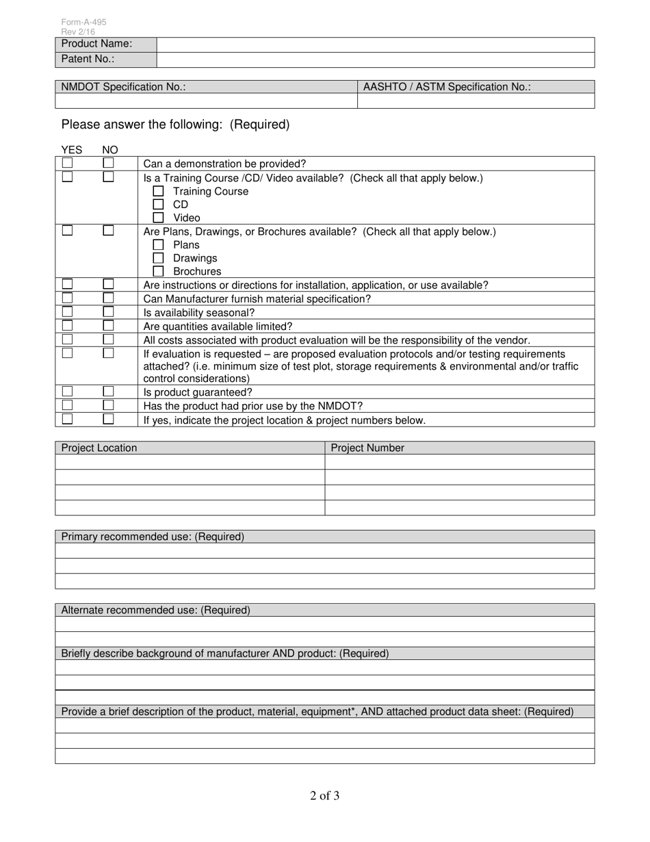 Form A-495 Application for Product Evaluation - New Mexico, Page 2
