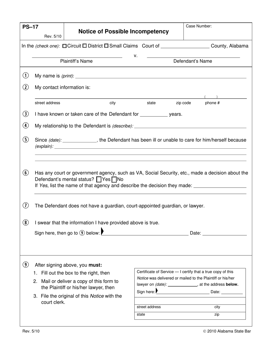 Form PS-17 Notice of Possible Incompetency - Alabama, Page 1