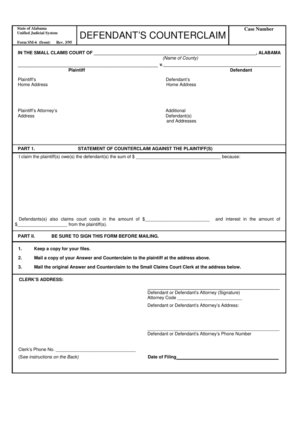 Form SM-6 Defendants Counterclaim - Alabama, Page 1