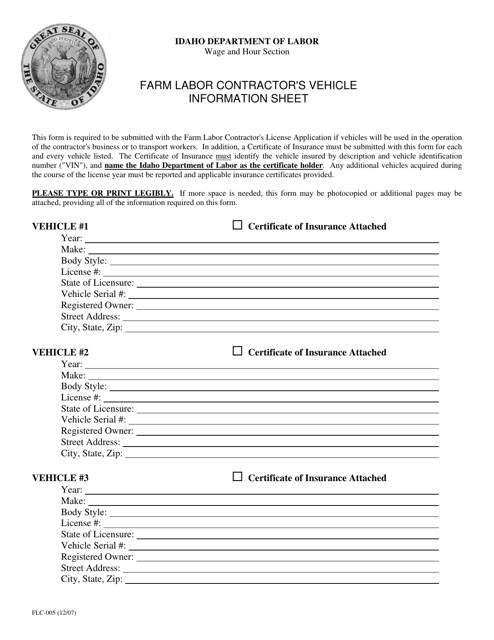 Form FLC-005 Farm Labor Contractor's Vehicle Information Sheet - Idaho