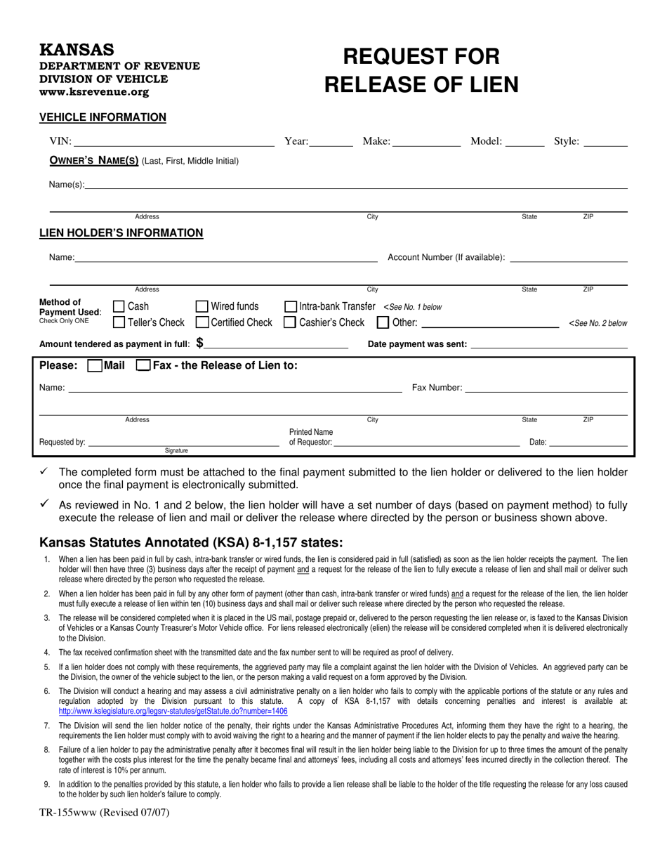 Form TR-155 Request for Release of Lien - Kansas, Page 1