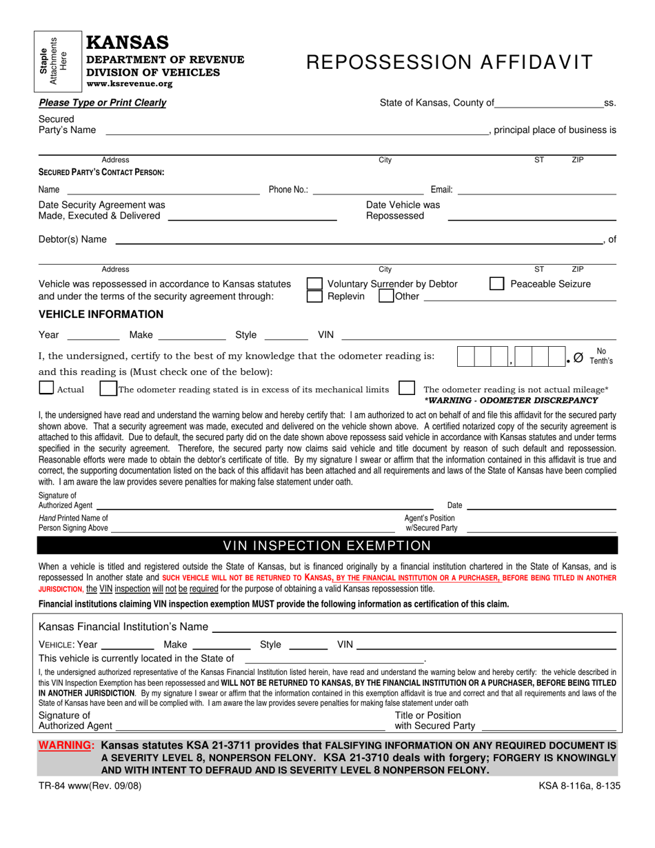 Form TR-84 Repossession Affidavit - Kansas, Page 1