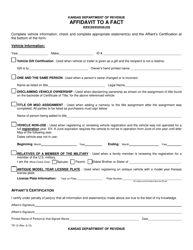 Form TR-12 &quot;Affidavit to a Fact/Bill of Sale&quot; - Kansas