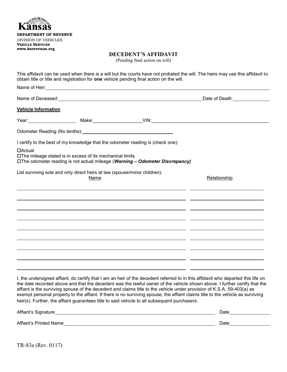 Form TR-83A Decedents Affidavit - Kansas, Page 1