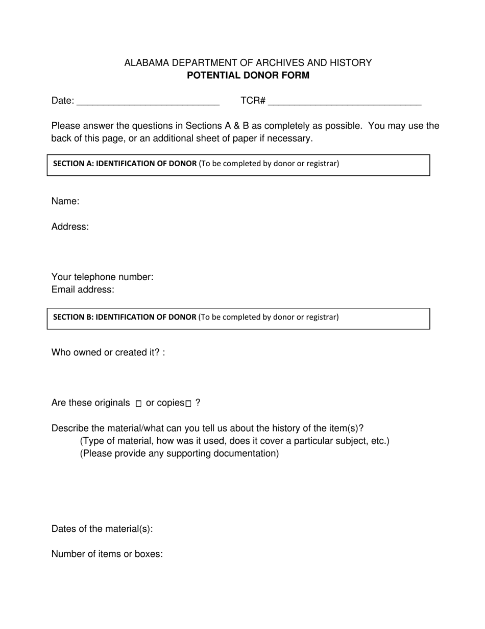 Potential Donor Form - Alabama, Page 1
