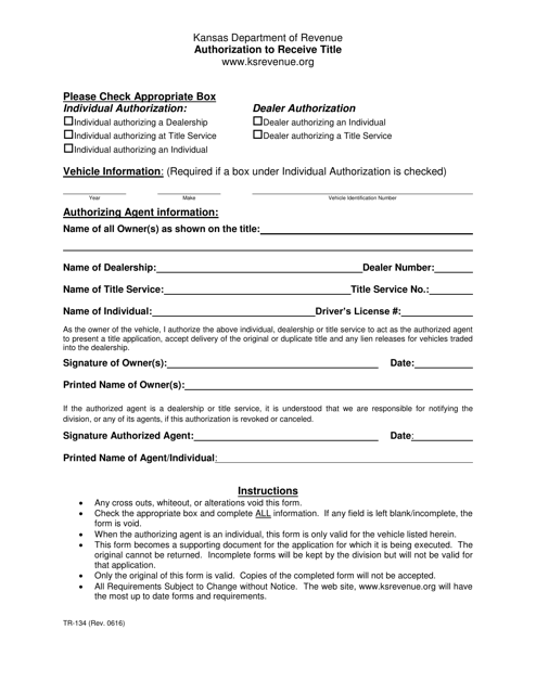 Form TR-134 Authorization to Receive Title - Kansas