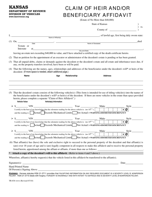 Form TR-83B Claim of Heir and/or Beneficiary Affidavit - Kansas