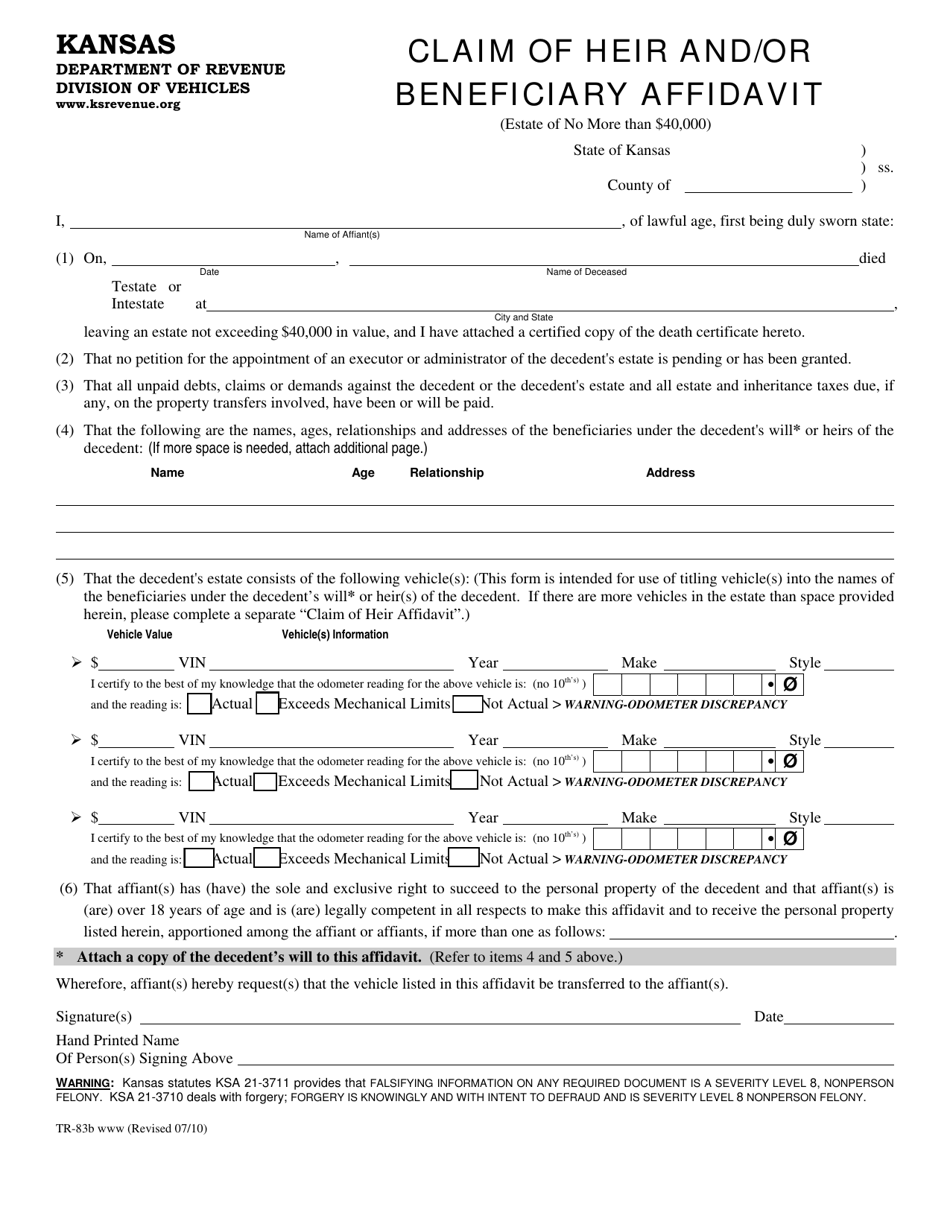 Form TR-83B Claim of Heir and / or Beneficiary Affidavit - Kansas, Page 1
