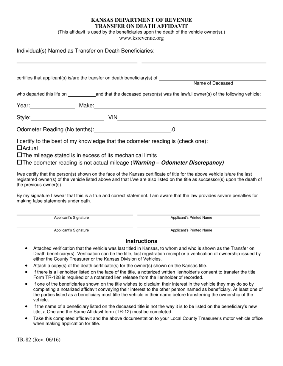 Form TR-82 Transfer on Death Affidavit - Kansas, Page 1