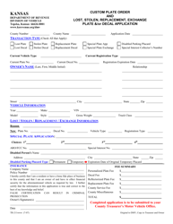 Document preview: Form TR-211 Custom Plate Order and Lost, Stolen, Replacement, Exchange Plate &/Or Decal Application - Kansas