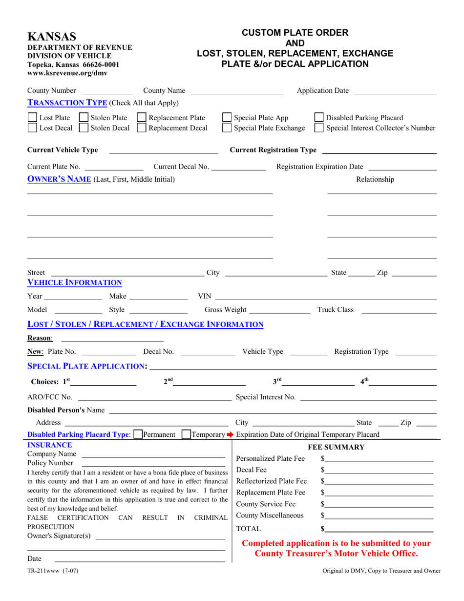 Form TR-211 Custom Plate Order and Lost, Stolen, Replacement, Exchange Plate  / Or Decal Application - Kansas, Page 1