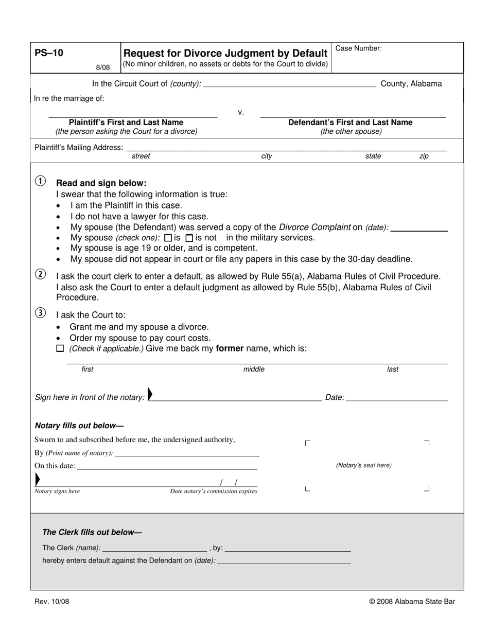 Form PS-10 Request for Divorce Judgment by Default - Alabama, Page 1