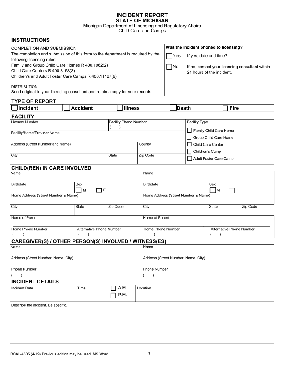 Form BCAL-4605 Incident Report - Michigan, Page 1