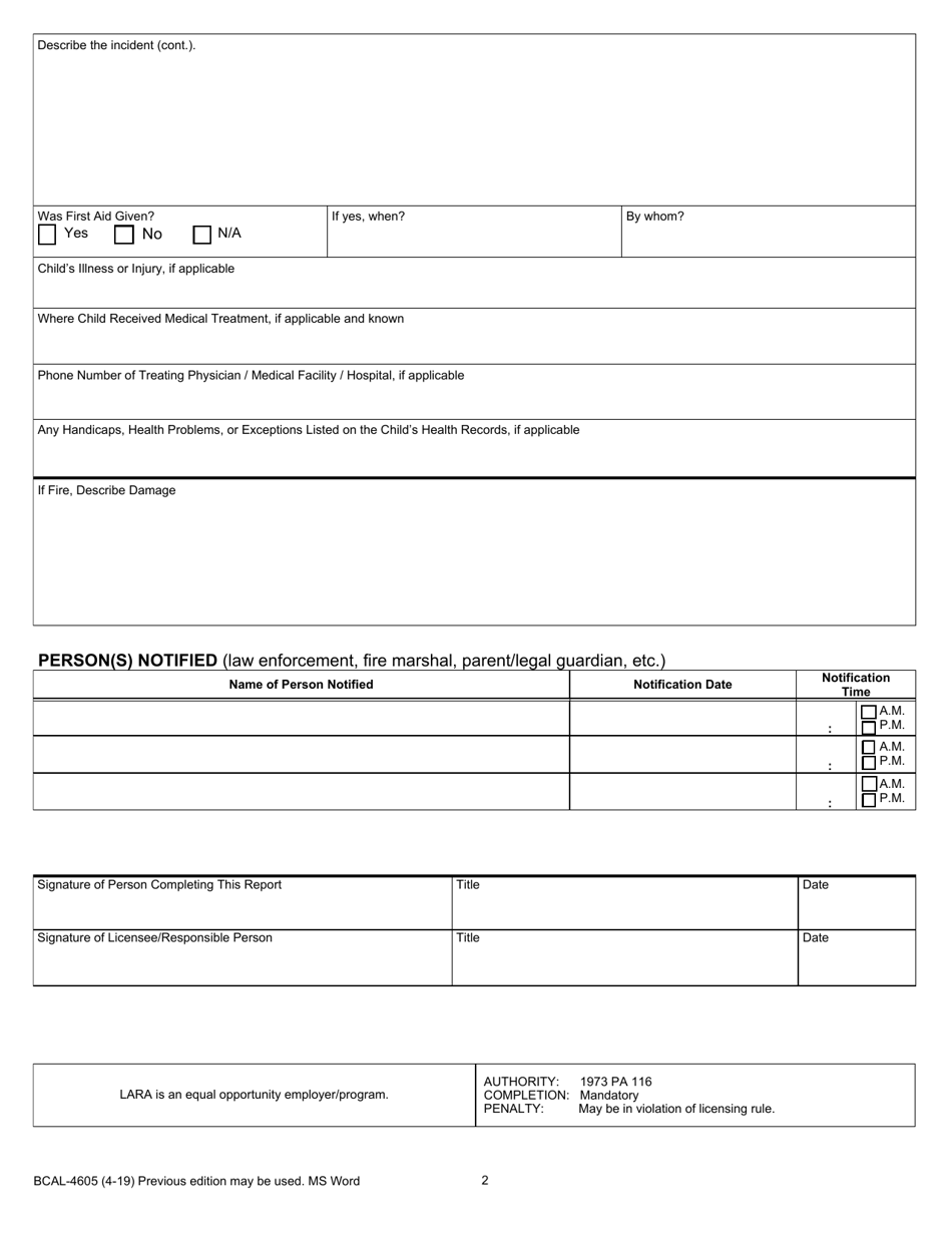 Form BCAL-4605 Incident Report - Michigan, Page 2