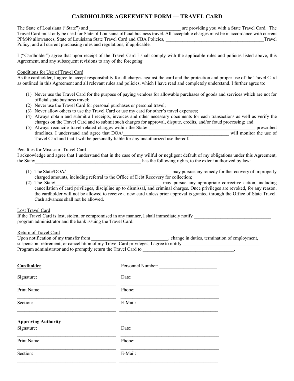 Cardholder Agreement Form - Travel Card - Louisiana, Page 1