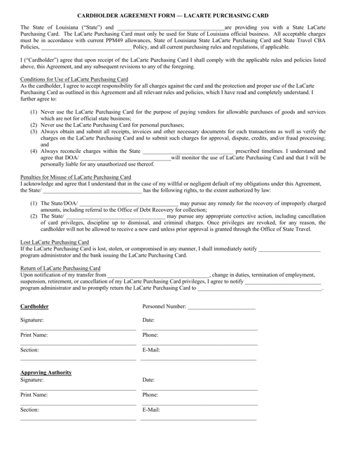 Cardholder Agreement Form - Lacarte Purchasing Card - Louisiana Download Pdf