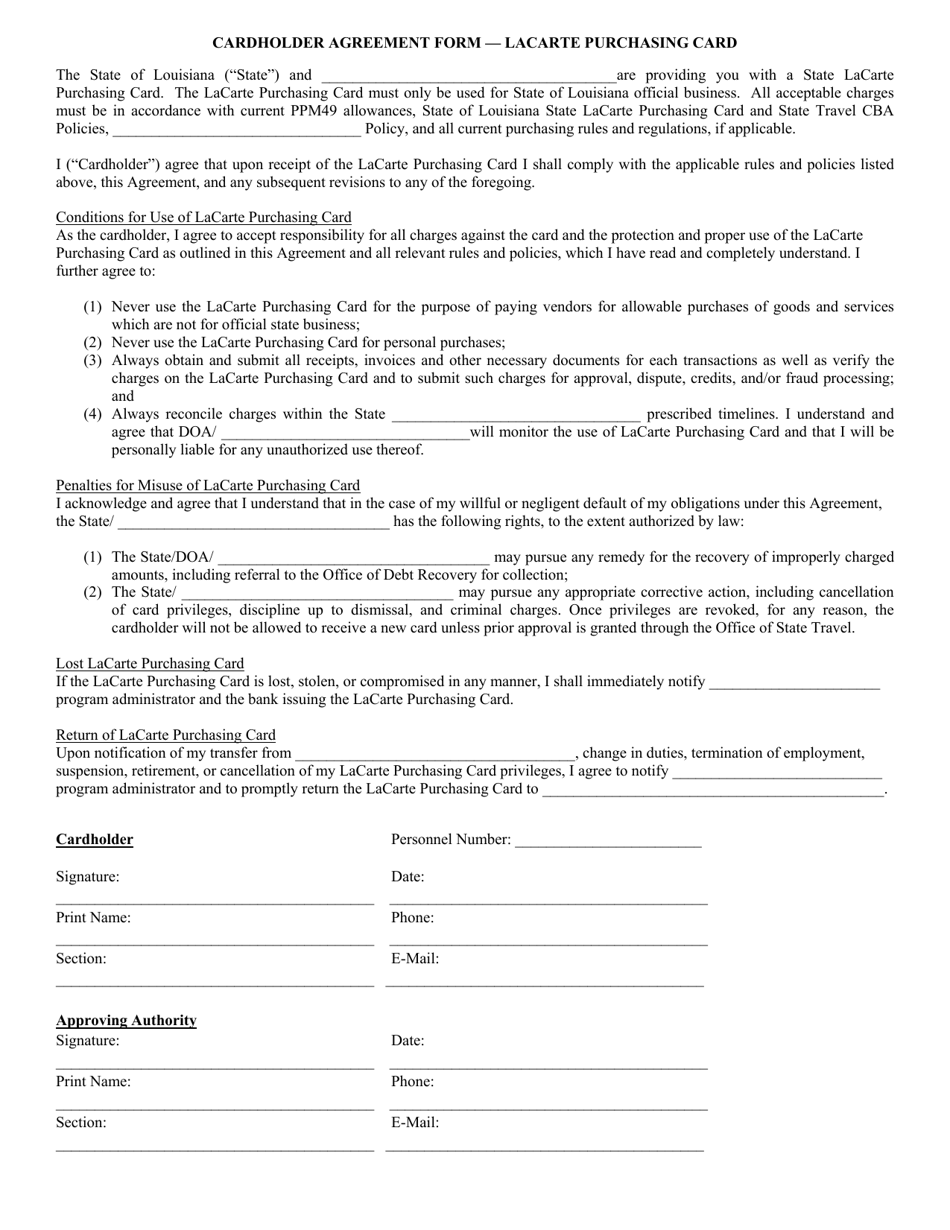 Cardholder Agreement Form - Lacarte Purchasing Card - Louisiana, Page 1