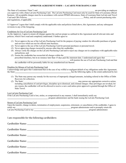 Approver Agreement Form - Lacarte Purchasing Card - Louisiana Download Pdf
