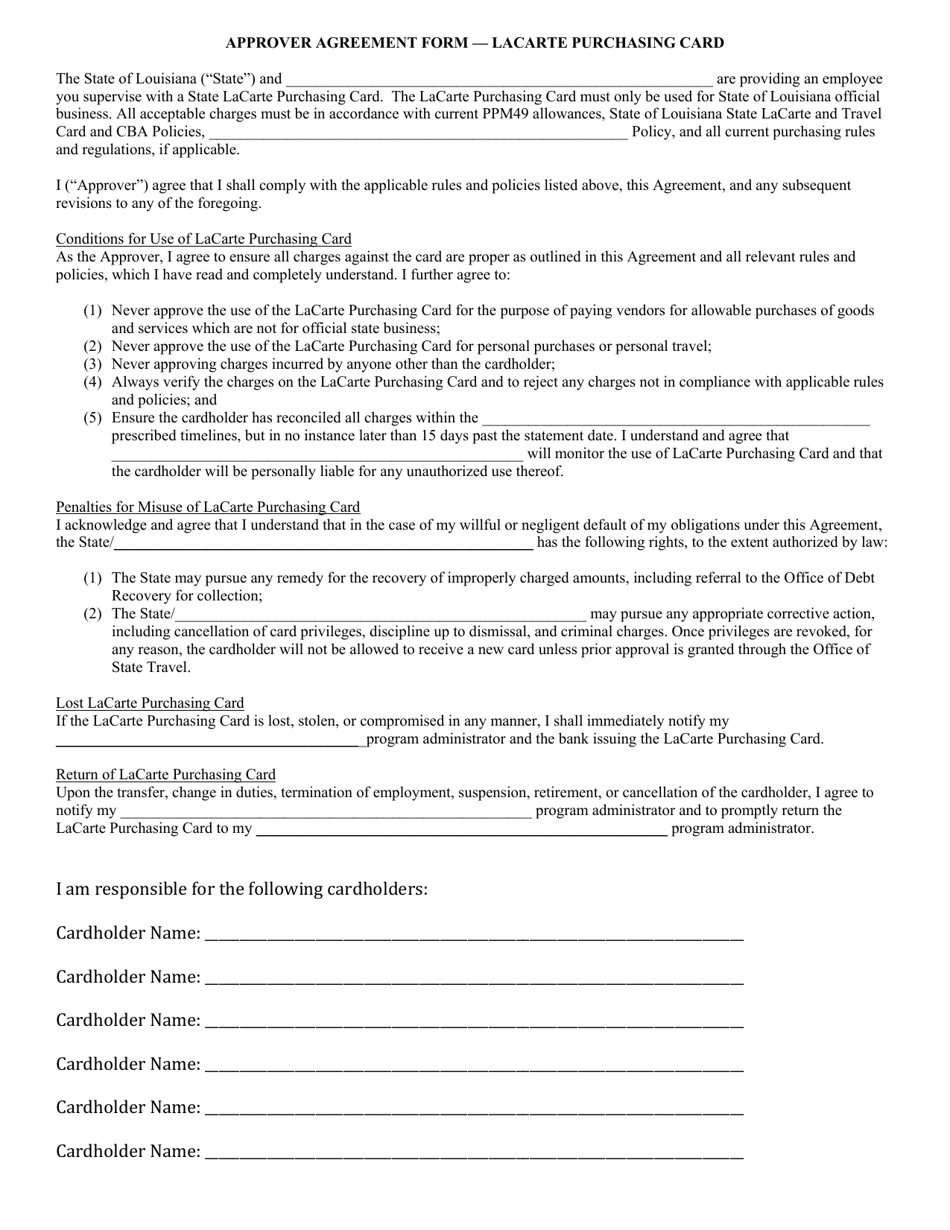 Approver Agreement Form - Lacarte Purchasing Card - Louisiana, Page 1