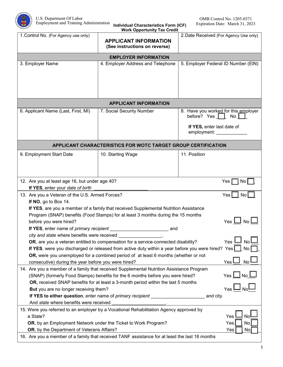 ETA Form 9061 Individual Characteristics Form (Icf) - Work Opportunity Tax Credit, Page 1