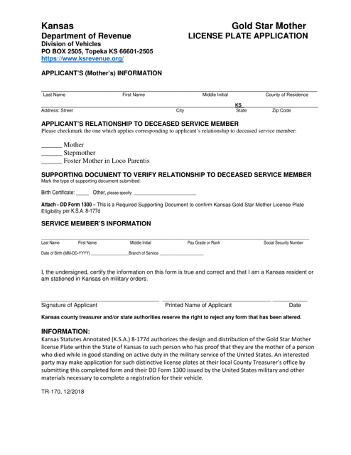 Form TR-170 Gold Star Mother License Plate Application - Kansas