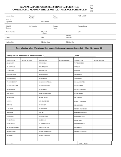 Form CMV-B Schedule B Mileage Report - Kansas