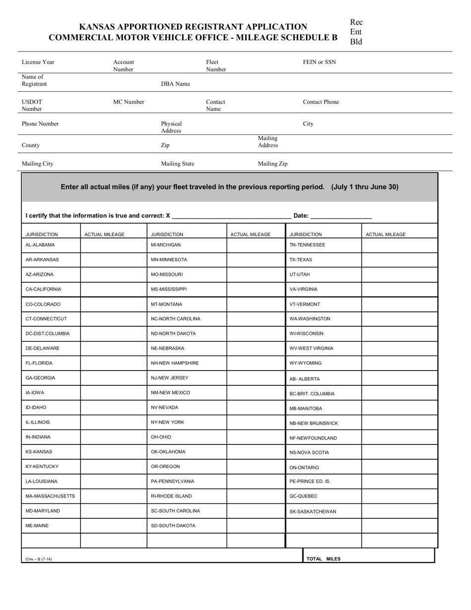 Form CMV-B Schedule B Mileage Report - Kansas, Page 1