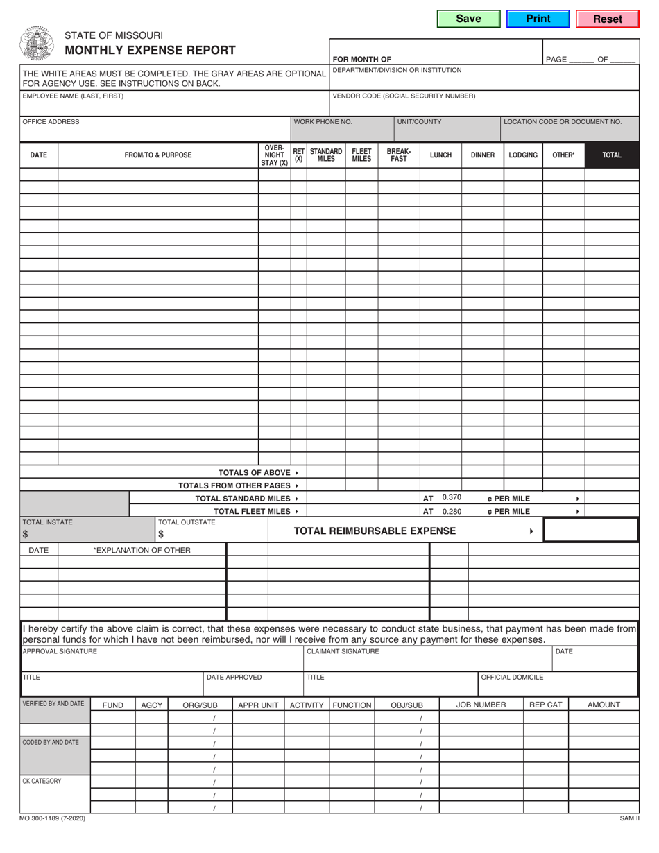 Form MO300-1189 Monthly Expense Report - Missouri, Page 1