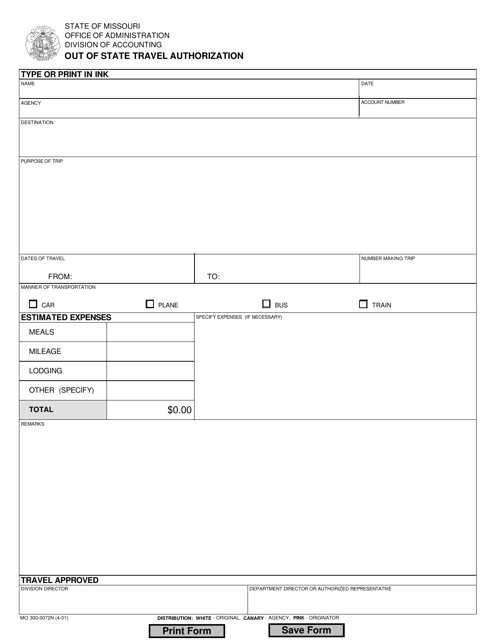Form MO300-0072N Out of State Travel Authorization - Missouri