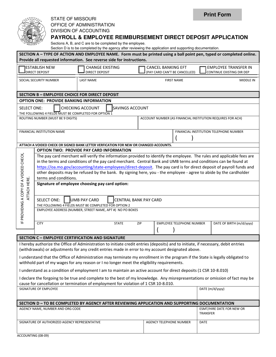 Payroll  Employee Reimbursement Direct Deposit Application - Missouri, Page 1